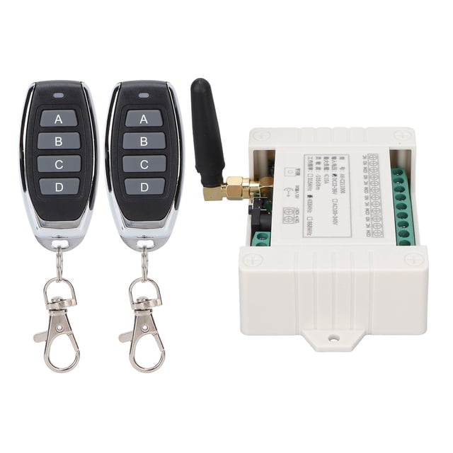 Télécommande RF AK-C211008 433 MHz, Module d'Interrupteur de Relais 4 Canaux, pour Contrôle Industriel, Ouvre-Porte de Garage, Lumières DEL Vue Orientée vers l'Avant DC12-36V du Récepteur de Relais à 4 Canaux et Deux Télécommandes 433 MHz. Le Récepteur à Boîtier ABS Affiche les Sorties de terminal de Câblage, Bouton learning-code et Indicateur DEL; les Télécommandes Incluent des Piles CR2016 Intégrées