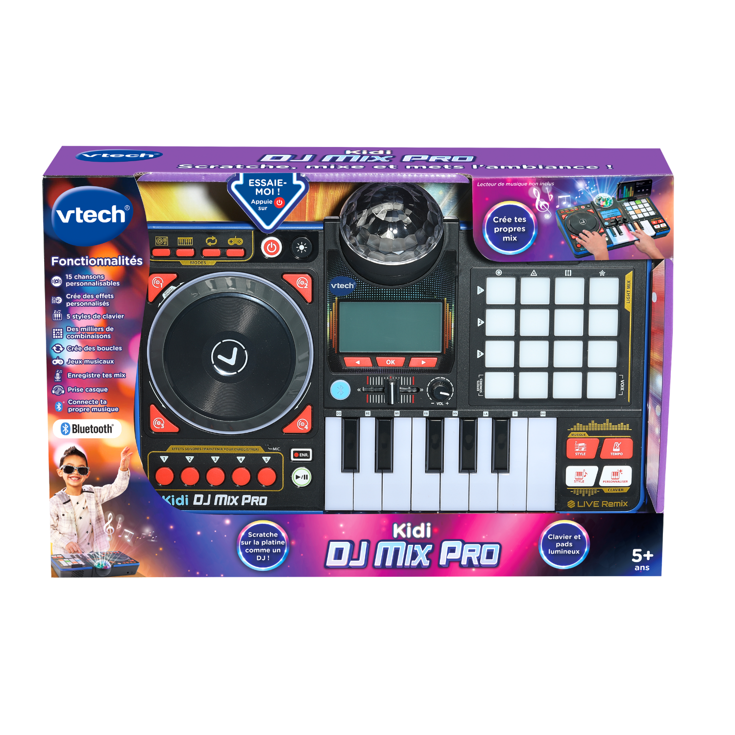VTech Kidi Star DJ Mixer Pro Kids Real Music Turntable, Piano and Songs Toy for kids - French Version, 5+ Years