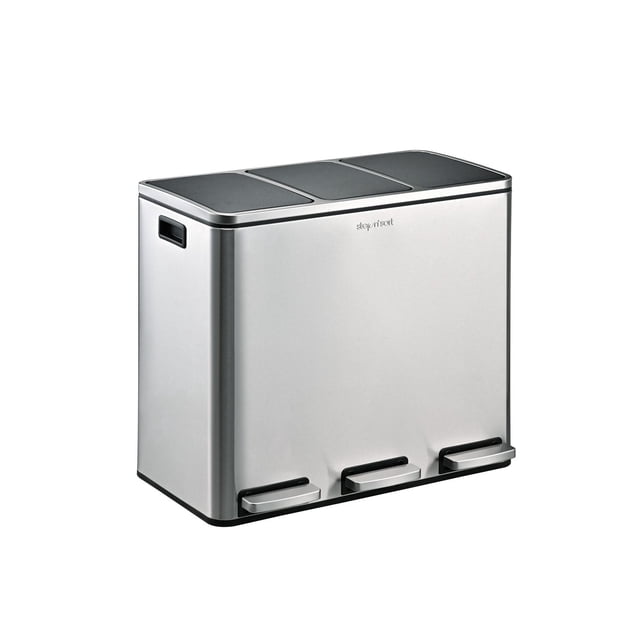 Step N’ Sort 3 Compartment Recycling Bin, 54L (3 x 18L), Stainless Steel Kitchen Trash Can with Lid and Removable Buckets a centered, front-facing stainless steel 54L recycling bin showing three top compartments and three removable 18L inner buckets with handles, hands-free pedal operation and soft-close lid. Often used for kitchen recycling and suitable for sorting craft recyclables.