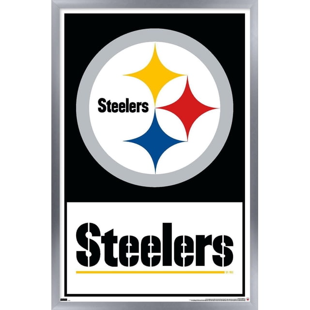 NFL Pittsburgh Steelers - Affiche Murale Logo 21, 22,375 Po x 34 Po Encadrée Mettant en Vedette le Logo Pittsburgh Steelers avec des Astroïdes Jaunes, Rouges et Bleus à l'Intérieur d'Un Cercle Gris sur Fond Noir au-Dessus d'Un Texte Noir Audacieux « Stelers » sur Fond Blanc, Idéale pour la Déco Murale dans les Chambres, Bureaux Ou Dortoirs.