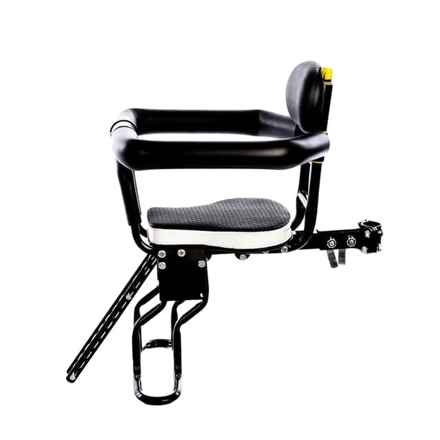 Kids Bike Front Seat Adjustable Foot Rest Heavy Duty Front Mounted Child Safety All Surrounded. The seat is constructed from durable thickened steel pipe material and features a black cushioned seat with a textured surface, a padded backrest, and an all-surround guardrail for enhanced safety. It includes adjustable footrests and is compatible with mountain bikes, road bikes, and electric bikes. Dimensions are 42cm x 22cm (16.54 inches x 8.66 inches).