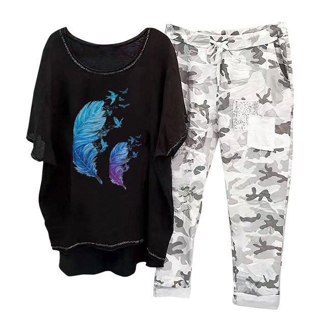 Ensemble d'Été 2 Pcs pour Femmes Imprimé Col Ras du Cou Manches Mi-Longues Chandail à Enfiler Hauts + Pantalon Ensemble de Pantalons Femmes Tenues Deux Pièces Ensembles Été en Liquidation