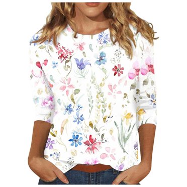 JIRNDf T Shirts For Women Tops Trendy Summer Printed 3/4 Sleeve Tunic Crewneck Cute Graphic Tees For Women Shirts Green L