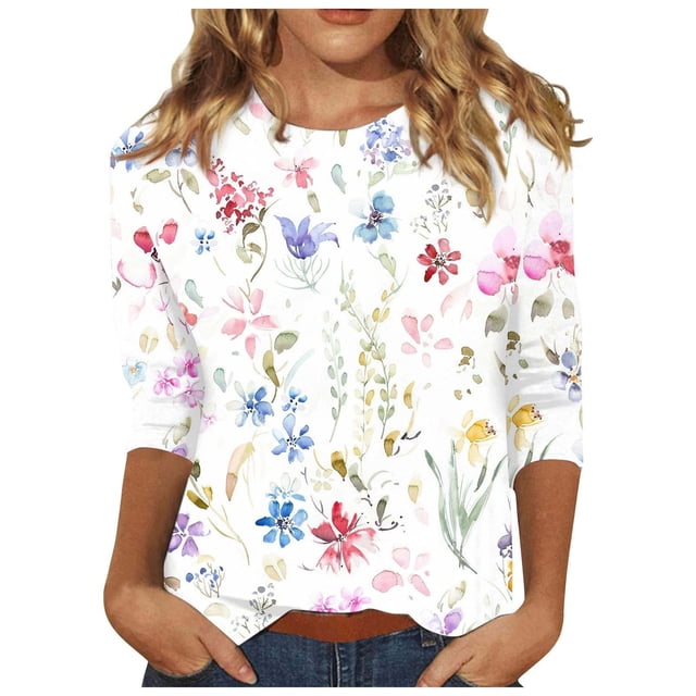 Haut Tunique à Manches 3/4 Imprimé pour Femme, Col Ras du Cou, Blouse Décontractée, T-Shirt pour Usage Quotidien