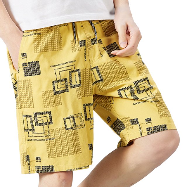 Mens Workout Shorts Checkered 5 Quarter Straight Tube Micro Elastic Zipper Pocket Shorts Men Running Shorts Yellow L