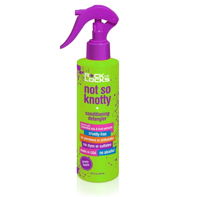 Not So Knotty Conditioning Detangler by Rock the Locks in a green 8.5 fl oz spray bottle with a purple trigger, formulated to detangle and condition hair with essential oils and fruit extracts, cruelty-free and free of parabens, phthalates, dyes, sulfates, and alcohol, scented with green apple.