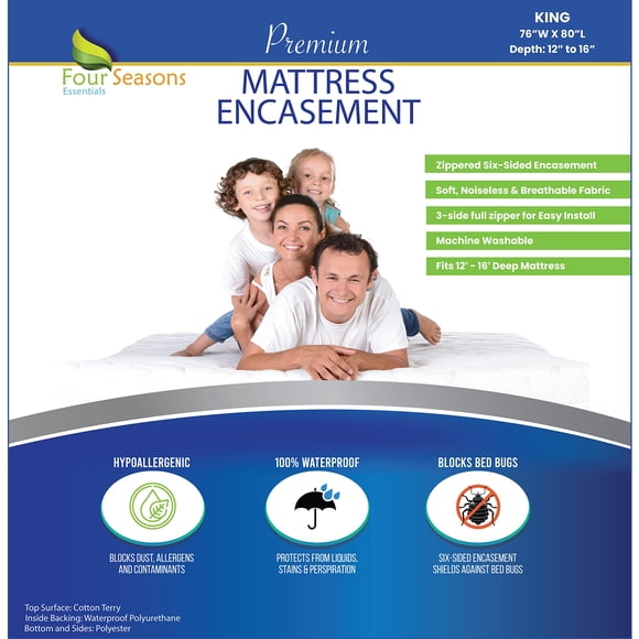 King Size Zippered Mattress Protector - Waterproof Mattress Cover - Hypoallergenic Dust Allergy Proof Bed Encasement - Deep Pocket Cotton Terry Top