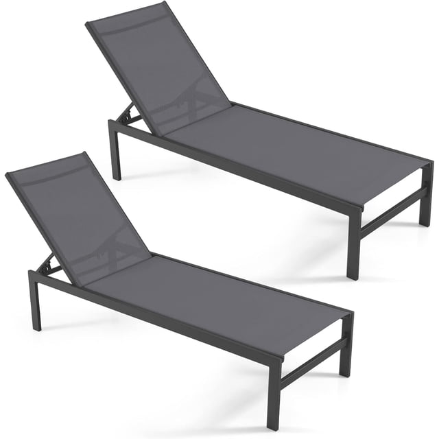 Chaise longue de terrasse, chaise longue inclinable avec 6 positions réglables, cadre en aluminium, chaises de bronzage extérieures pour terrasse, cour, piscine (2, gris)