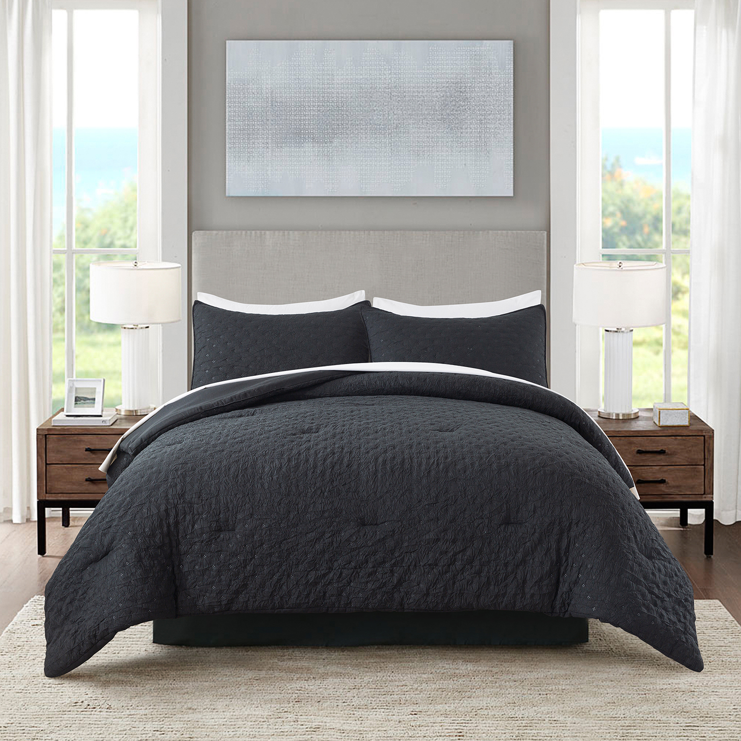 JML 3 Piece Queen Comforter Set - All Season 480GSM Down Alternative Comforter, Black