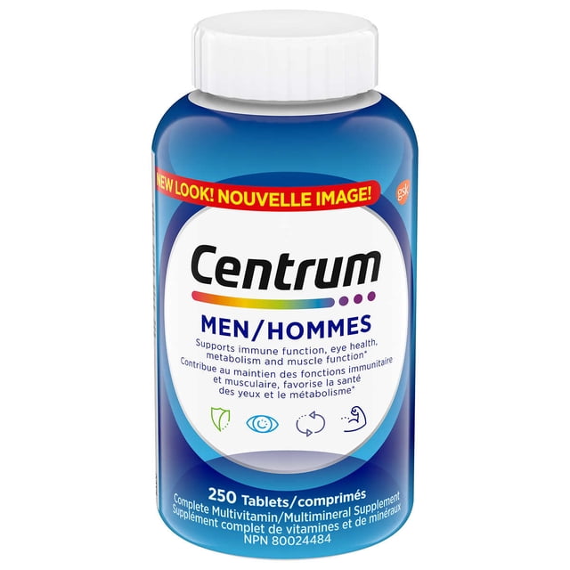 Centrum Complete Multivitamin and Mineral Supplement for Men, 250 Tablets. The image shows a blue bottle with a white label featuring the Centrum logo and the text 'Men/Hommes.' The label highlights benefits such as supporting immune function, eye health, metabolism, and muscle function. The bottle contains 250 tablets and is designed to meet the nutritional needs of men.