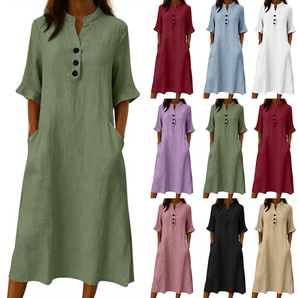 QIUOMBBP Women's Summer Dresses Short Sleeve V Neck Button A Line Maxi Dress with Pockets Loose Casual Beach Sundress Green S