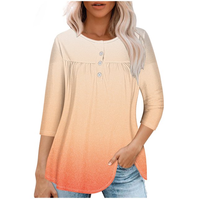 Pisexur Womens Plus Size Sweatshirt Gradients 3/4 Length Sleeve Tops Fall V-Neck Blouses Spring Ruffle Sleeve Tunic T-Shirts Dressy Casual