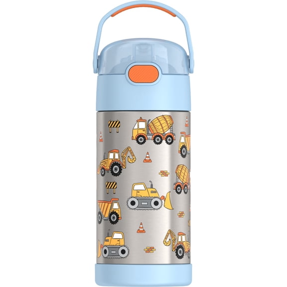 Bouteille d'eau Thermos Funtainer pour enfants, en acier inoxydable à isolation sous vide, 12 oz, avec paille rabattable – Motif Chantier