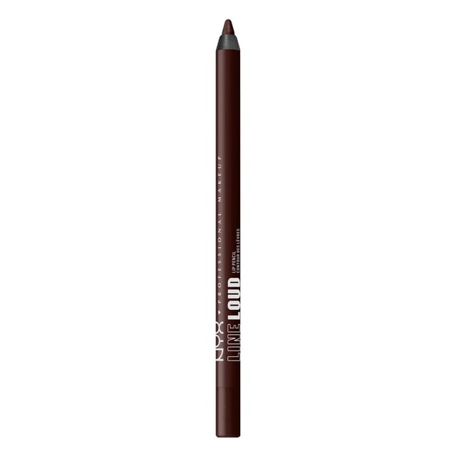 NYX PROFESSIONAL MAKEUP Line Loud Waterproof Lip Pencil in dark brown with smooth matte finish and white branding text, shown vertically on white background. This longwear, vegan formula lip liner is infused with vitamin E for precise, comfortable application.