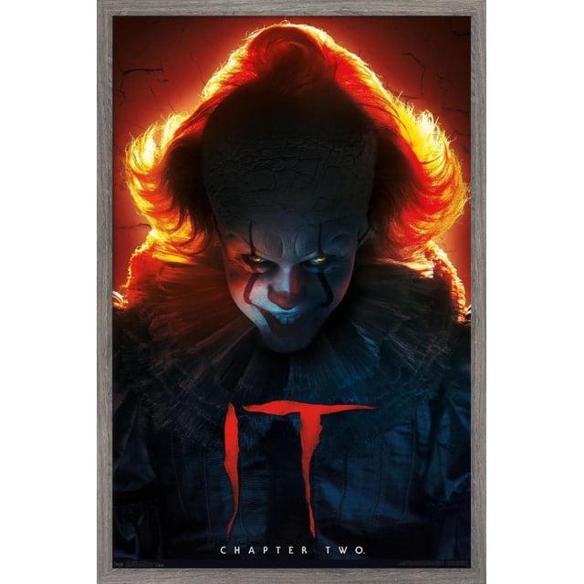IT: Chapter 2 - Evil Glow Wall Poster, 22.375" x 34" depicting a dark figure with fiery red glowing hair and a layered ruffled collar against a cracked red-orange background, featuring the red IT logo and 'Chapter Two' text, suitable for wall art in home décor or themed events.