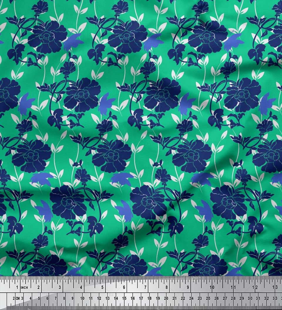 Soimoi Green Poly Georgette Fabric Leaves,Insect & Floral Artistic Print Sewing Fabric BTY 42 Inch Wide