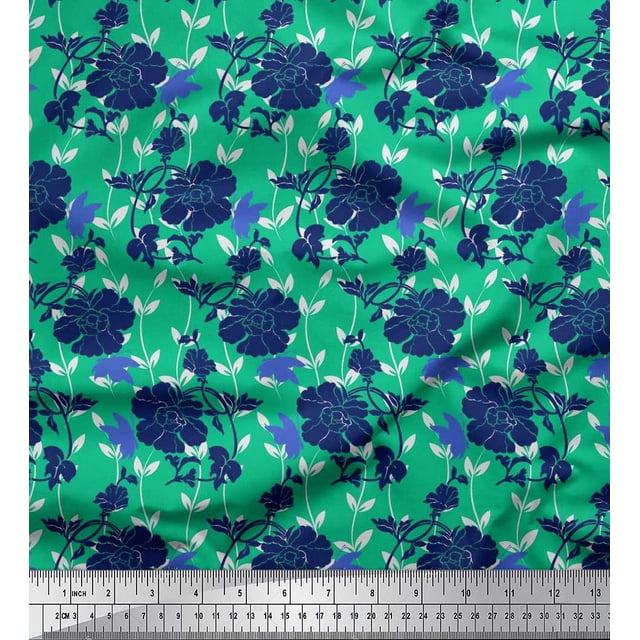 Soimoi Green Poly Georgette Fabric Leaves,Insect & Floral Artistic Decor Fabric Printed BTY 52 Inch Wide