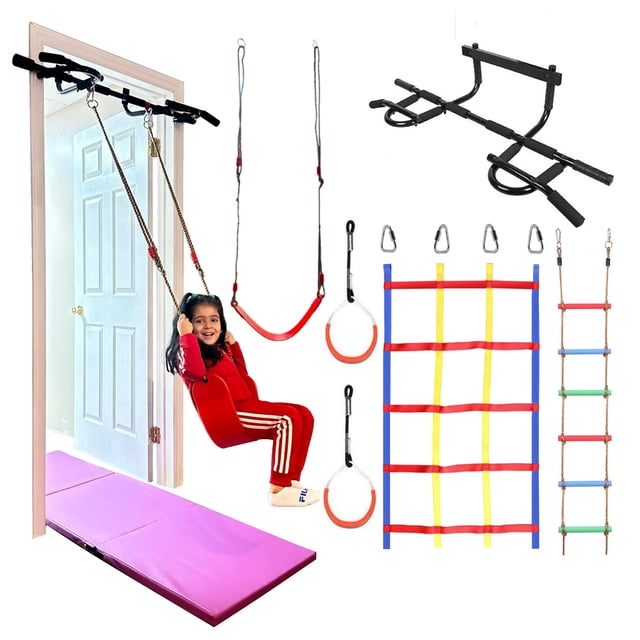 GymPros Deluxe Kids Indoor Doorway Gym 6 Piece Swing Set Playground featuring a heavy-duty pull-up bar, swing seat, climbing cargo net, two gymnastics trapeze rings, and a rope ladder. The set is designed for children aged 3 and up, with a weight capacity of 300 lbs. The doorway gym fits door frames 25 to 36 inches wide and requires no drilling for installation. The image shows the swing seat in use, with additional components like the cargo net and rope ladder displayed separately. A purple mat is visible beneath the swing for added safety (mat sold separately).