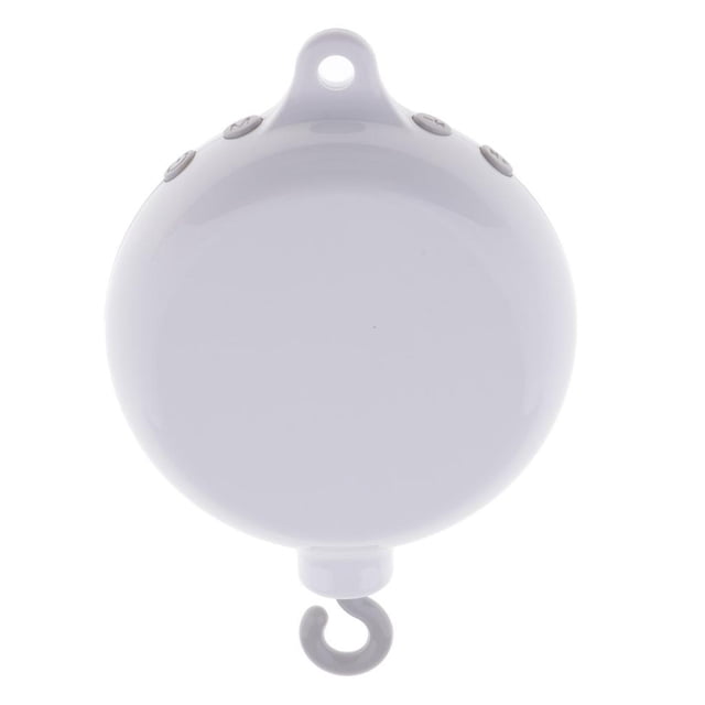 35 Melody Mobile Crib Bedroom Bell Electric Autorotation Music Musical Box in a compact white design. The music box features a hook for attachment and buttons on the top for control. It plays 35 light melodies to help babies fall asleep and includes an autorotation function. Dimensions are 13.5x8.7x3.7cm (5.31x3.42x1.45 inches).