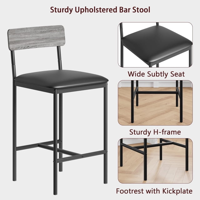 Kojooin 3 Piece Bar Table Set with 2 Upholstered Counter Stools 3 Tier Storage Shelves Steel, 300LB Capacity Compact Dining for Apartments, Small Kitchens, Breakfast Nooks, Space Saving