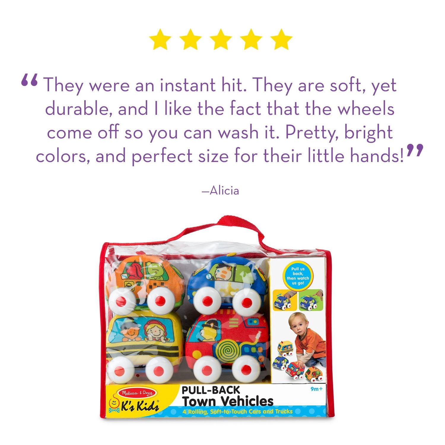 Melissa & Doug K’s Kids Pull-Back Vehicle Set - Ensemble de jouets doux pour bébé avec 4 voitures et camions et étui de transport