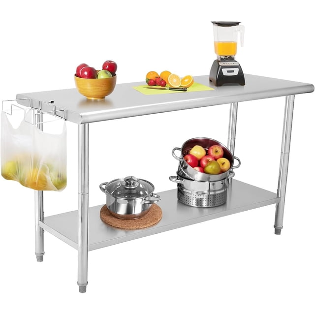 60x24 In NSF Stainless Steel Work Table with Adjustable Undershelf and Detachable Trash Bag Holder Heavy Duty Commercial Prep Table for Kitchen Home Restaurant