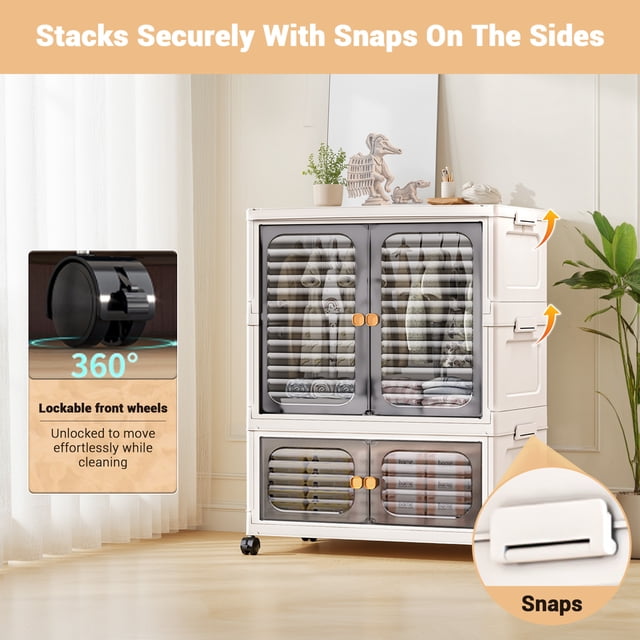 Plastic storage bins with lid by Solled, featuring a stackable design with secure side snaps and lockable front wheels for easy mobility. The bins include transparent doors for visibility and organization, suitable for closets or living spaces. Compact yet spacious, made of BPA-free plastic, and easy to assemble without tools.