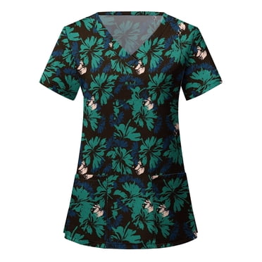 TopLLC Scrubs Tops for Women Floral Print Nurse Uniforms for Women, Breathable Patterned Short Sleeve V-Neck Plus Size Shirts Tee Tops with Pockets