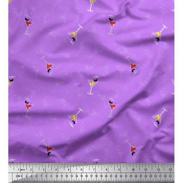 Soimoi Purple polyester Crepe Fabric Glass,Straw & Drinks Summer Designs Fabric Prints By Yard 42 Inch Wide