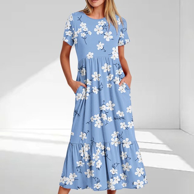Offre Hebdomadaire d'Été Iumwxz Robe à Manches Courtes Col Rond pour Femmes Tunique Décontractée Ample Robe Longue Plissée Imprimé Floral Robes Formelles pour Femmes Robe Habillée pour Cadeaux de Vacances