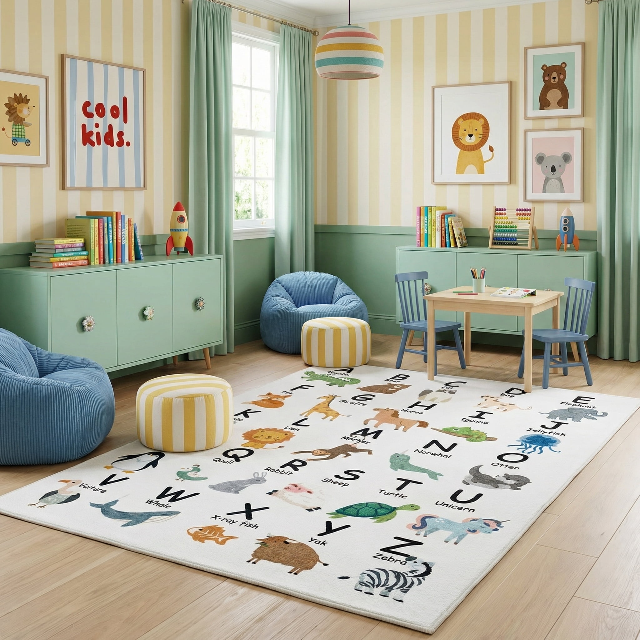 Rug Branch Soft Steps Playtime Alphabet Animaux, Tapis d'apprentissage educatif doux, blanc beige - Garçons et filles dans la salle de jeux, la creche, la chambre a coucher