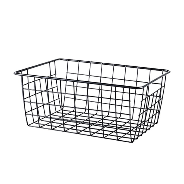 Amzcrzy Storage and Organization Drawer Organizer Iron Wire Storage Basket Organizer designed for multi-purpose use in bath, kitchen, or laundry rooms. Made of durable iron with a hollow, breathable design to prevent odors. The black wireframe structure measures 28x21.8x12cm and offers a large capacity for organizing snacks, utensils, or household essentials. Suitable for various furnishing styles and spaces, including living rooms, bathrooms, and bedrooms.