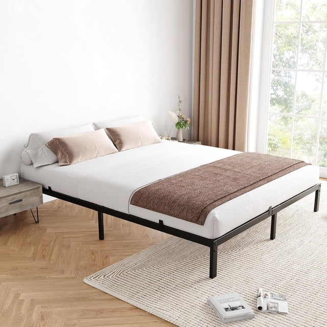 Cadre de Lit Simple de 8 Pouces Sans Tête de Lit, Aucun Sommier Requis, Cadre de Lit Plateforme en Métal à Profil Bas Supportant la Base de Matelas, Capacité de Charge de 800 Lb/facile à Assembler/silencieux/noir