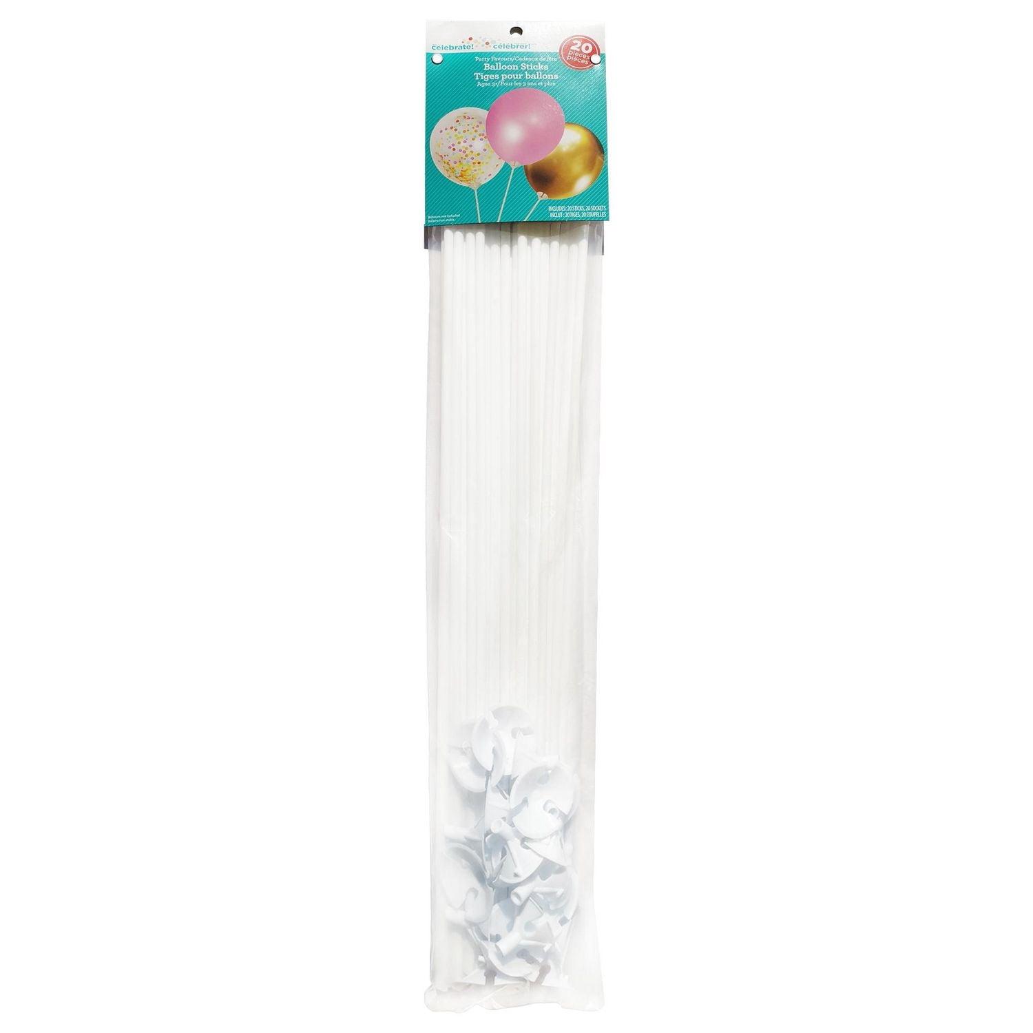 Way to Celebrate! 19.69 inch Plastic Balloon Sticks with Cups, 20 pieces
