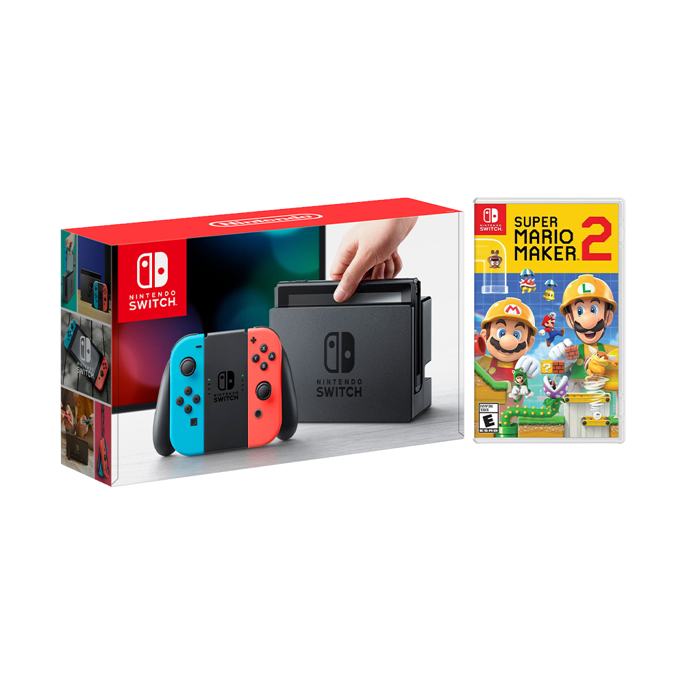 Nintendo Switch Red/Blue Joy-Con Console Bundle with Super Mario Maker 2 NS Game Disc - 2019 New Game!