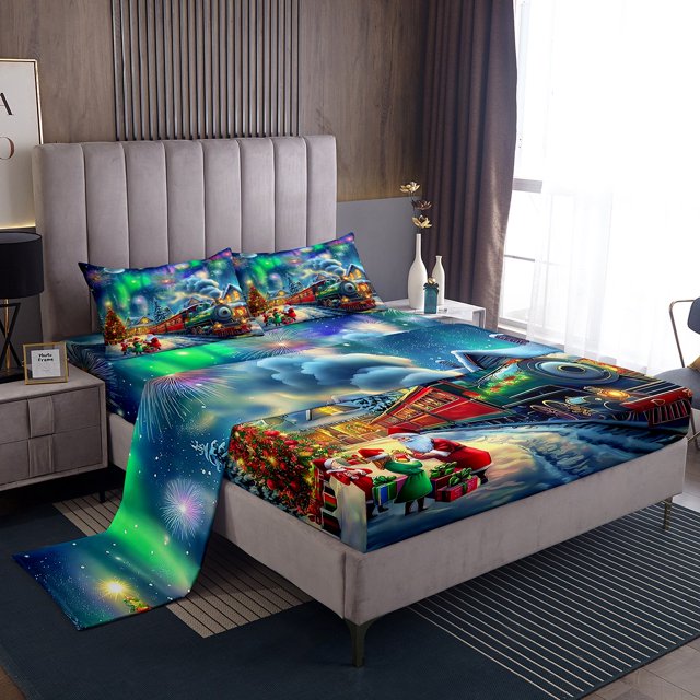 Erosebridal Ensembles de Draps Grand Merry Xmas Santa Claus, Literie Train Rétro, Décor Aurora, 4 Pcs