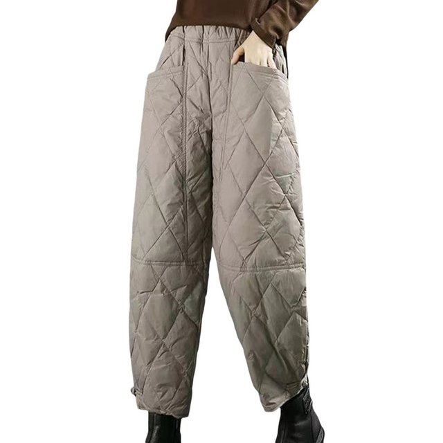 Womens Retro Literary Solid Color Down Pants With Checkered Line And Disc Buckle Windproof Warm Casual Pants