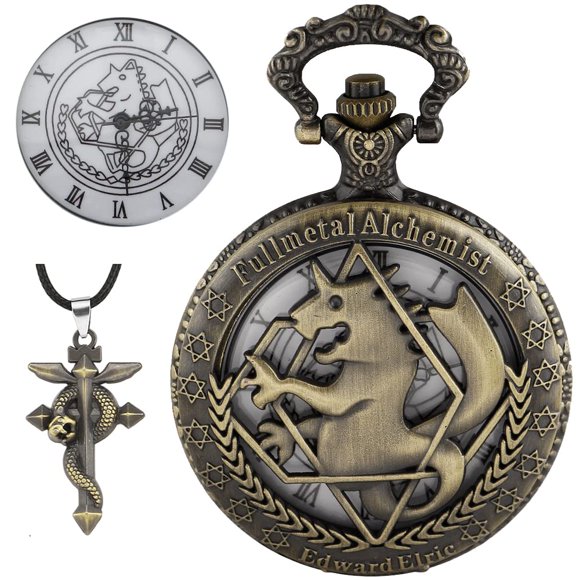 Tiong Fullmetal Alchemist Montre de Poche Anime avec Chaîne pour Accessoires de Pendentif Cosplay avec Boîte Cadeau (Bronze Blanc)