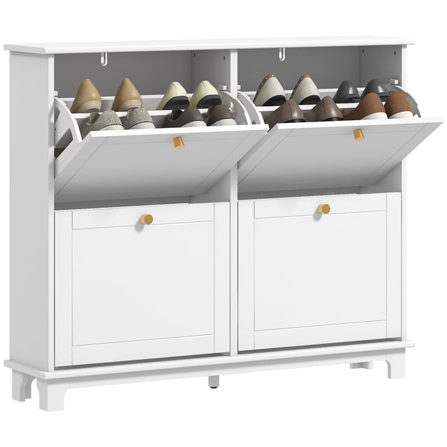 HOMCOM Armoire à Chaussures Étroite avec 4 Tiroirs Basculants et 5 Pieds en Fini Blanc. Comprend des Poignées Dorées, des Tablettes Ajustables et un design compact Adapté aux Meubles d'Entrée. Rangement à Chaussures Dissimulé pour jusqu'à 16 Paires, Idéal pour les Espaces Étroits.