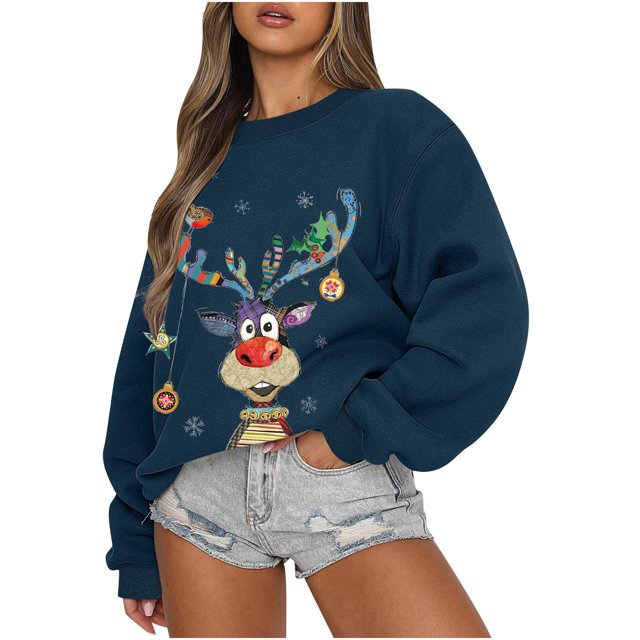 Chandail en Molleton pour Femmes, Mode de Noël, Manches Longues, Col Rond, Imprimé, Blouse, Chandails en Molleton pour Adolescentes en Liquidation