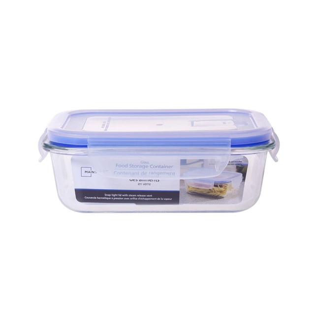 Mainstays Contenant Alimentaire Rectangulaire en Verre de 640 ml avec Couvercles à Évent, Contenant en Verre Borosilicaté Transparent avec Couvercle Bleu à Loquet à Pression et Joint en silicone, Étanche à l'Air et aux Fuites, Sécuritaire pour le Micro-Ondes, le Four jusqu'à 1112 °F, le Congélateur et le Lave-Vaisselle, Convient à l'Entreposage d'Aliments Frais et à la Préparation de Repas.