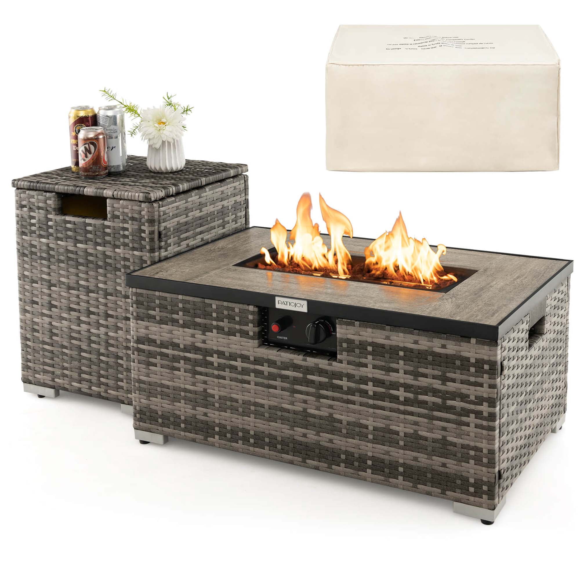 Costway Ensemble de Table de Foyer au Propane en Rotin 32 Pouces x 20 Pouces avec Table d'Appoint, Réservoir et Housse 40 000 BTU Gris