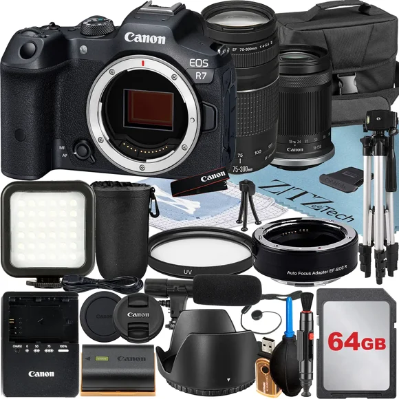 Canon EOS R7 Mirrorless Camera with 18-150mm + 75-300mm Lens + Mount Adapter + 64GB Memory Card + Case + LED Flash + ZeeTech Accessory Bundle
