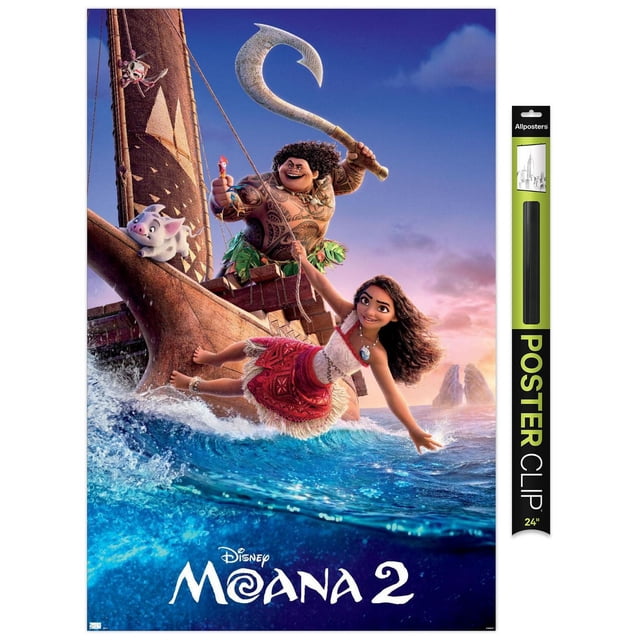 Disney Moana 2 - One Sheet Wall Poster, 22.375" x 34" framed, depicting animated characters on a wooden sailing canoe navigating vibrant ocean waves at sunset. The tattooed man wields a large curved hook while a young girl in a red and white Polynesian dress reaches toward the water. A small white pig is on the boat's bow with a tropical island visible in the background. This dynamic wall art is ideal for home décor and adds an adventurous ocean theme.