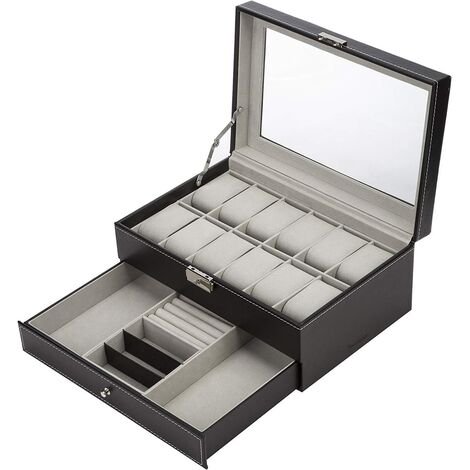 Watch Case with Jewelry Drawer for 12 Watches Display/Case/Storage Box in black. The two-tier design features a top compartment with velvet-lined slots for 12 watches, ideal for large steel watches, and a bottom drawer with velvet-lined sections for jewelry and bracelets. The case includes a transparent lid for easy display and organization, making it suitable for collectors, personal, or commercial use.