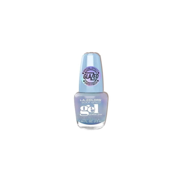Glazed Gel Polish by L.A. COLORS, a 13 ml bottle of high-shine gel nail polish with a glazed opal finish and chip-resistant formula, featuring a unique color-shifting effect in a light blue shade, suitable for adding glamour to nails.