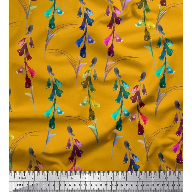 Soimoi Gold polyester Crepe Fabric Colorful Flower Watercolor Print Sewing Fabric BTY 52 Inch Wide