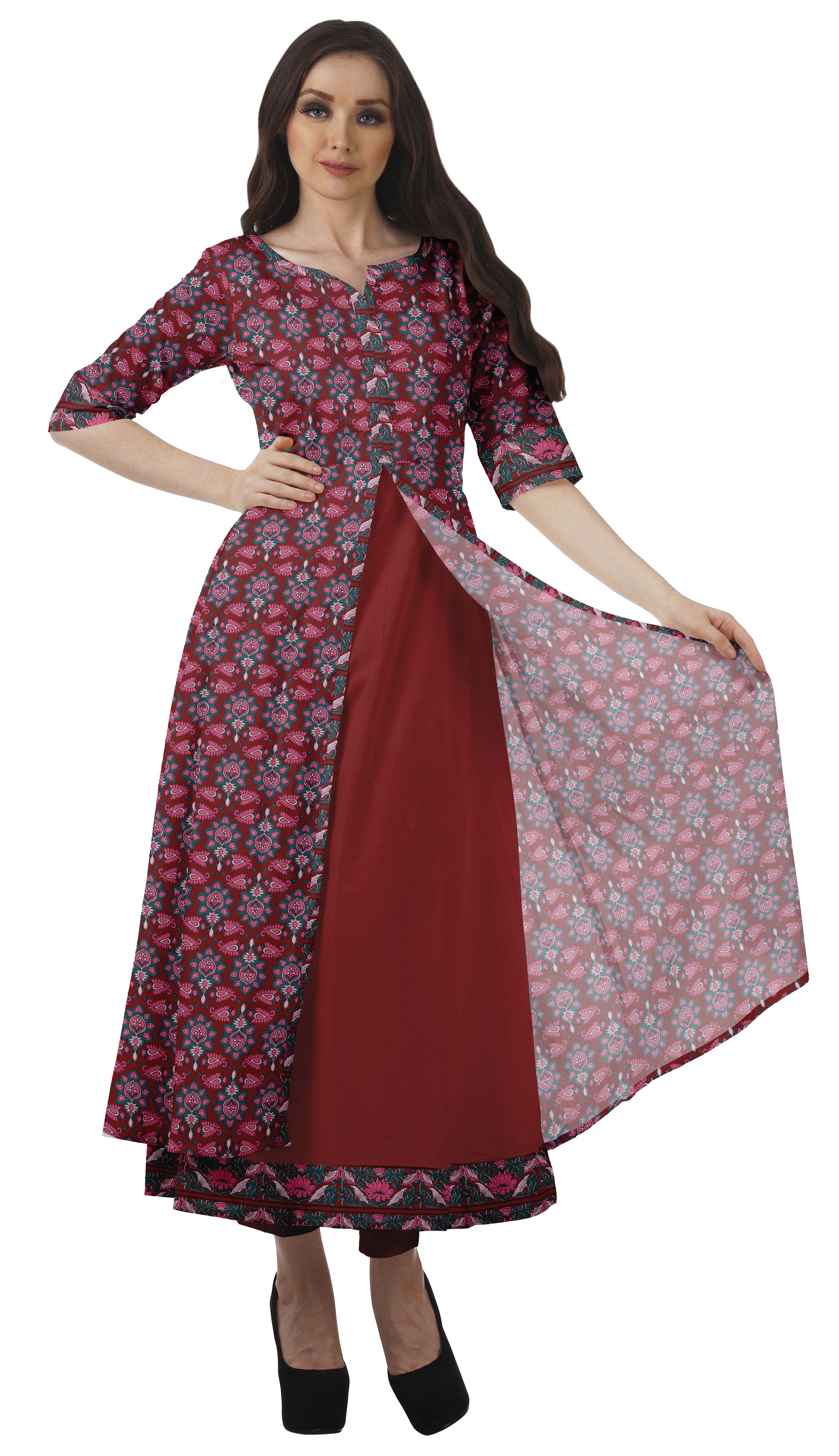 Moomaya Tunique Imprimée en Coton pour Femmes, Fente sur le Fron, Manches Courtes, Longue Kurta Kurti, Ensemble - TG