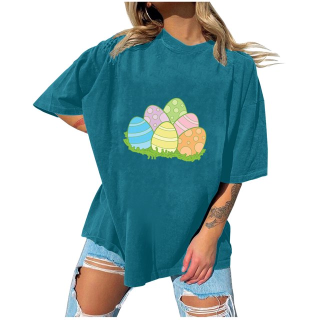 Birdeem Womens Easter Printed Casual Round Neck Short Sleeve Pullover