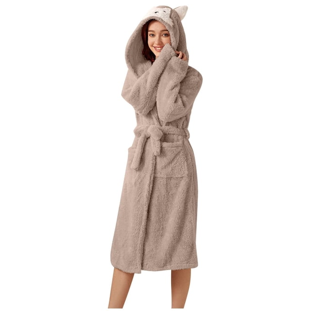Teissuly Peignoirs pour Femmes Mode Allongé Garder au Chaud Col à Revers Même Style Pyjama à Capuche Uni Manches Longues Nuisette
